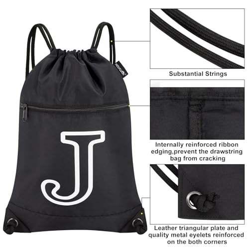 Image of HOLYLUCK Drawstring Bags Initial Backpack Sackpack Cinch Bags for Sports, Gym, Travel, Beach (Black-J)