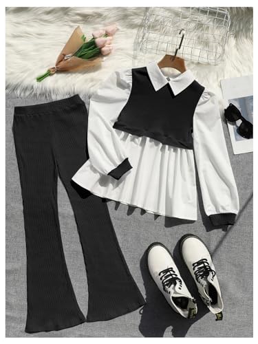 Image of MakeMeChic Girl's Two Piece Outfits Rib Knit Collared Puff Sleeve Peplum Blouse Top and Flare Leg Pants Set Black and White 10Y