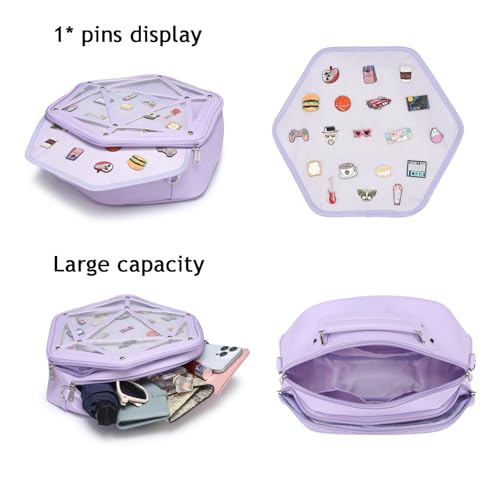 Image of Hexagonal PU Ita Backpack, Clear Pin Window Crossbody Purse for Anime Fans | Convertible Straps, Ample Room For Comic Meets & Daily Trips