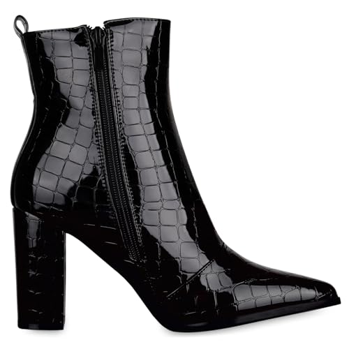 VAN HILL Damen Klassische Stiefeletten Leicht Gefütterte High Heels Spitze Boots Absatzschuhe Snake Print Schuhe 195789 Schwarz Kroko Lack 37