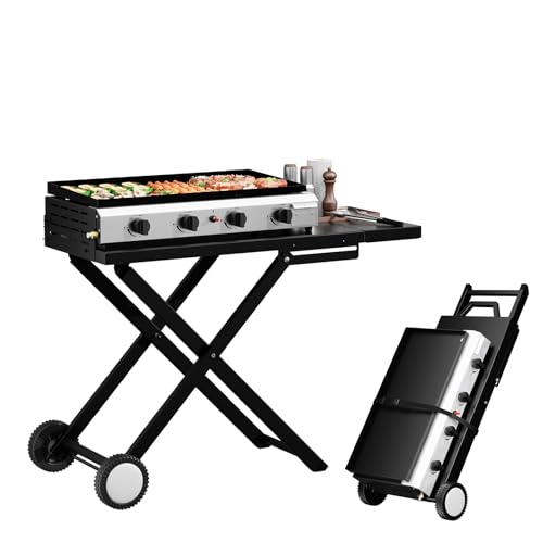 ROVSUN 4 Burner Foldable Propane Griddle with Wheels & Enameled Tray 40000 BTU Portable Flat Top Gas Grill with Electronic Ignition & Regulator for Outdoor Cooking Camping BBQ Tailgating Party