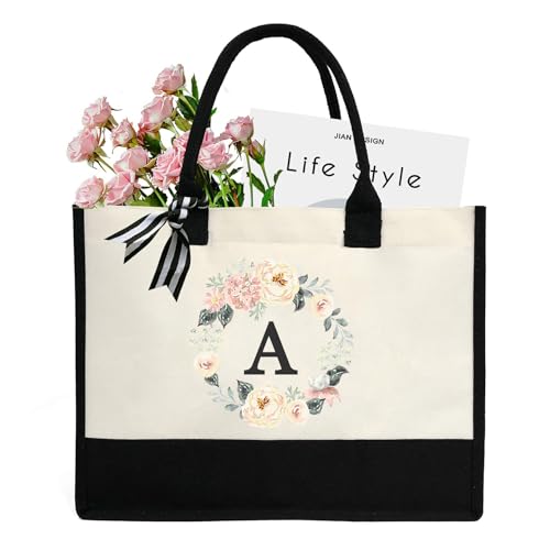 Image of DWDC A-Z 26 Letter Canvas Tote Bag,Personalized Present Bag, Suitable for Wedding, Birthday, Beach, Holiday, is a Great Gift for Women, Mom, Teachers, Friends, Bridesmaids(Letter A)