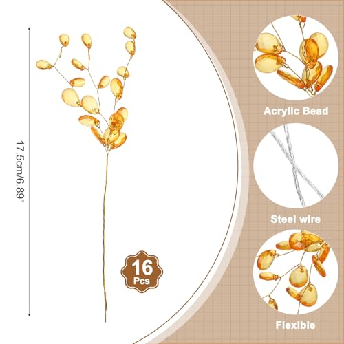 MECCANIXITY 16 Pcs Acrylic Bead Drop Stems, Crystal Floral Picks Artificial Crystal Bouquets Flowers for Wedding Party Home Decoration DIY Crafts Celebrations (Orange) by MECCANIXITY - Image 2