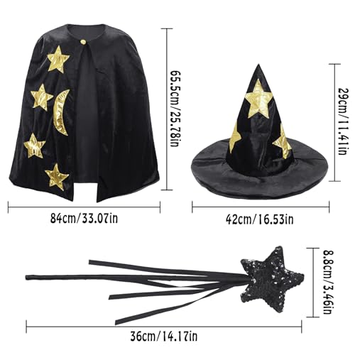 Disfraz infantil de bruja con capa, sombrero y varita miniatura 5