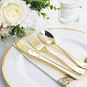 N9R 200pcs Gold Plastic Silverware - Disposable Gold Plastic Silverware Cutlery Set, 100 Forks, 50 Spoons, 50 Knives for Party, Birthday, Wedding N9R 200pcs Gold Plastic Silverware Disposable Gold Plastic Silverware Cutlery Set 100 Forks 50 Spoons 50 Knives for Party Birthday Wedding