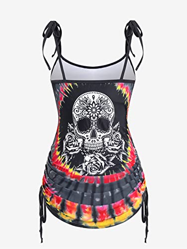 Rosegal Womens Plus Size Skull Rose Tie Dye Print Cinched Ruched Tie Boyshorts Tankini Swimsuit Set3