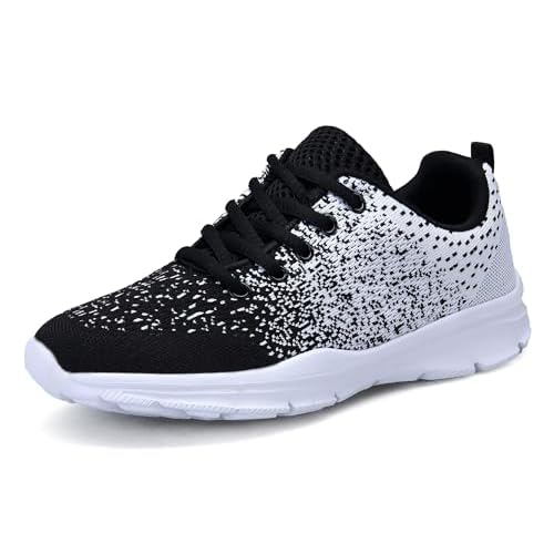 KOUDYEN Laufschuhe Atmungsaktiv Turnschuhe Schnürer Sportschuhe Sneaker für Herren Damen, Schwarz Weiss, 43 EU