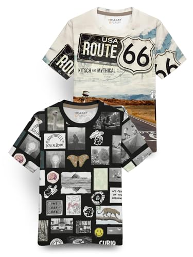 Image of HELLCAT Trendy Front & Back Graphic Printed Cotton Blend Half Sleeve Premium Round Neck Tshirt for Boys - Pack of 2