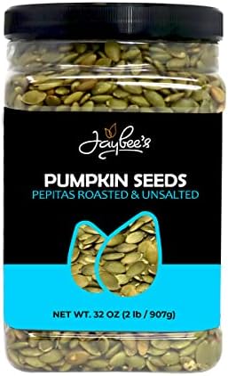 Pumpkin Seeds Pepitas Roasted Unsalted - 32 oz Reusable Container | Similar to Organic Pumpkin Seed - Healthy Snack | Vegan, Keto Diet Friendly | Hand-Picked | Kosher Certified | 100% Natural | Great for Daily Use, Baking, Cooking & Gift Giving | Gluten Free | Jaybee's Nuts