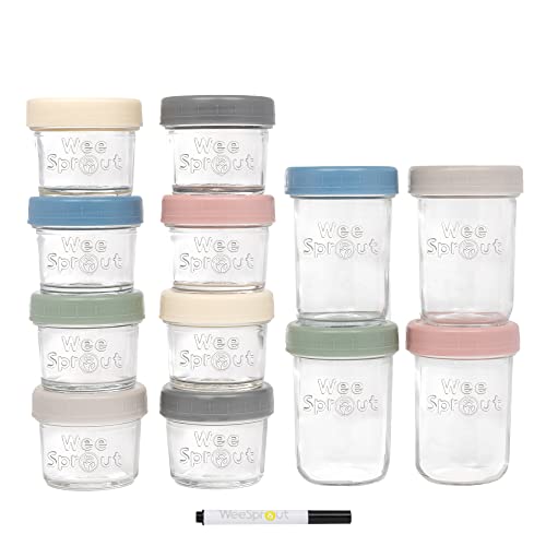 Image of WeeSprout Glass Baby Food Storage Jars - 12 Set, 4 oz/8 oz Baby Food Jars, Plastic Lids, Freezer Storage, Reusable Small Glass Baby Food Containers, Microwave & Dishwasher Safe, for Infant & Baby Food