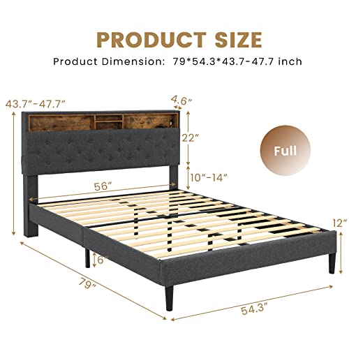 Adorneve Led Bed Frame Full Size With Storage Headboard, Platform Bed Frame With Outlets And Usb Ports, Upholstered Bed With Led Lights & Storage, Diamond Stitched Button Tufted Design, Dark Grey #TOP1