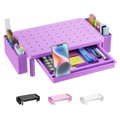 WALI Computer Monitor Stand with Storage, Desk Organizer with Drawer and Pen Holder, Desk Monitor Riser 3 Height Adjustable, Laptop Riser for Laptop, Printer (PTT003-V), 1 Pack, Violet