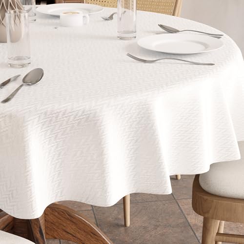 Image of Encasa XO Dining Table Cover Rectangular 142 cm-Round | Waterproof Textured Polyester Dining Table Cloth | Machine Washable Tablecloth | ZZ White
