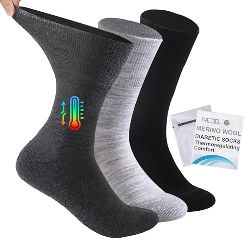 Facool Merino Wool Wellness Socks, Non-Binding Soft Crew Moisture Wicking Anti-sweat Circulatory Medical Socks for Neuropathy, Edema, Diabetes, 3