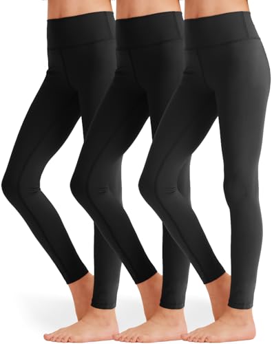 3 Pack Girls Black Athletic Leggings, Printed Ankle Length High Waisted Yoga Pants for Kids Teen