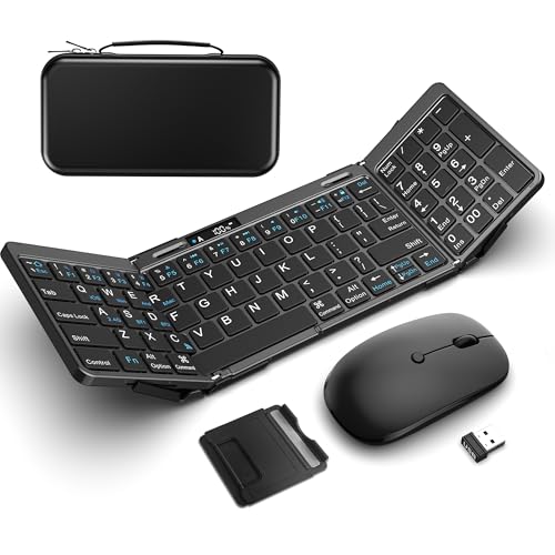 Foldable Keyboard and Mouse, EDJO Folding Keyboard Mouse Combo with Portable Case, 2.4G Wireless & Bluetooth, USB-C Rechargeable Travel Combo for Windows, Mac OS, iOS, Android PC/Laptop (Black)