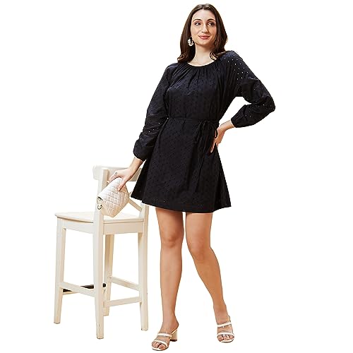 Image of Globus Women Black Schiffli Self Design Round Neck Waist Tie-Up A-Line Dress-3638199001