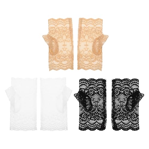 ABOOFAN Guantes Cortos de Encaje para Mujer, Transpirables Protección UV, 3 Pares (,) para Conducción, Ciclismo y Actividades al Aire Libre