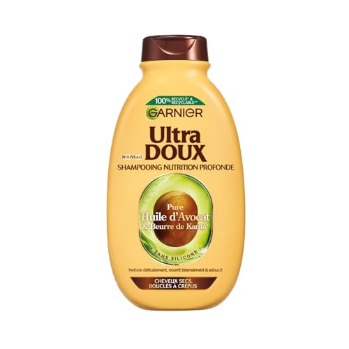 Garnier Ultra Doux – Shampooing pour Cheveux Secs, Bouclés à Crépus – À l&rsquo;Huile d&rsquo;Avocat et Beurre de Karité – Texture Crémeuse et Onctueuse – 300 ml – Homme & Femme