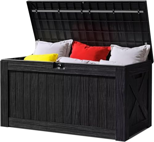 VICTONE 120 Gallon Resin Deck Box Waterproof Large Storage Box Outdoor Indoor Cabinet Wood Resin for Patio Pillow, Garden Tools, Pool Supplies, Lockable (Black)
