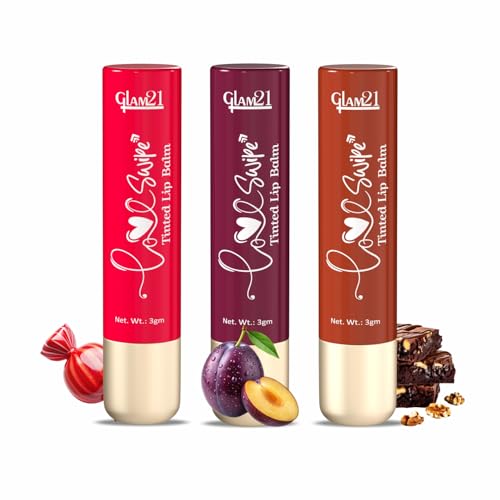 Image of Glam21 Love Swipe Tinted Lip Balm | Lip Care with Vitamin C, HA, Ceramide & SPF 30 | Hydrates, Protects & Nourishes for Soft, Radiant Lips All Day | 3gm Each (Candy Red, Lush Plum & Brownie Fudge)