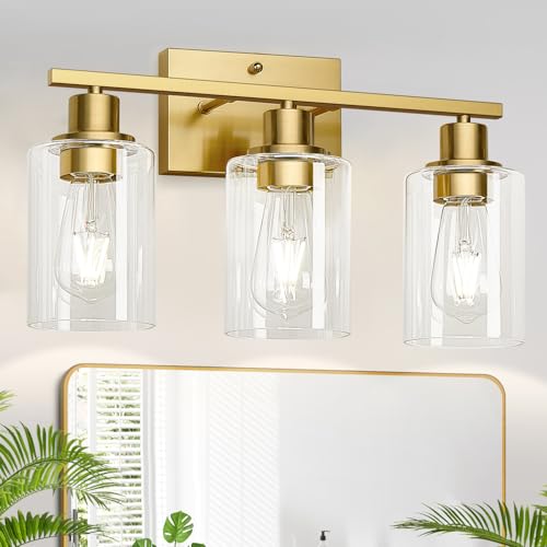 Image of MOKATNG 3-Light Bathroom Light Fixtures, Vanity Light with Clear Glass Shades, Brushed Gold Bathroom Light Fixtures Over Mirror, Modern Bathroom Wall Lamp for Mirror Living Room Cabinet Bedroom