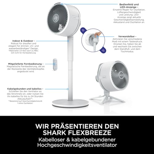 Shark FlexBreeze Ventilator Leise, Hybrid Ventilator Kabelgebunden & Kabellos, Tragbar, für Innen- und Außenbereich, UV- & Wasserbeständig, Ultraleistungsstark, Ultraleise, Weiß FA220EU 2