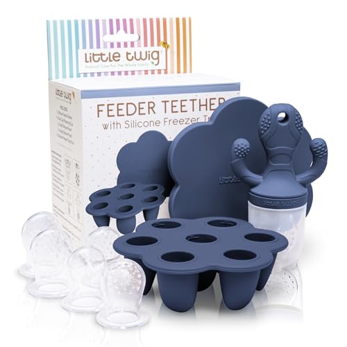 Image of Little Twig Baby Fruit Feeder Pacifier Teether | Baby Food Freezer Tray with Lid | BPA Free Silicone Freezable Teether | Feeding Set for Breast Milk Ice Cubes, Baby Food, Fruit Purees (Steel Blue)
