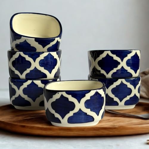 Image of Designer Ceramic Dip Bowls Set | Navy Blue Moroccan Pattern Serving Bowls for Condiments, Snacks & Dips | 6 Pieces, 40 ml