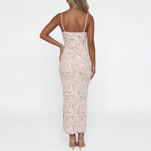 Image of Womens Summer Casual Floral Dresses Spaghetti Strap Bodycon Maxi Beach Dress Elegant Evening Party Long Dresses