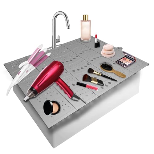 8% off - Mofason Bathroom Sink Top Cover Space Saver,Silicone Makeup Organizer Mat for Over Countertop,Small Bathroom Must Haves Accessories Rv Camper Travel Foldable Gadgets-Grey