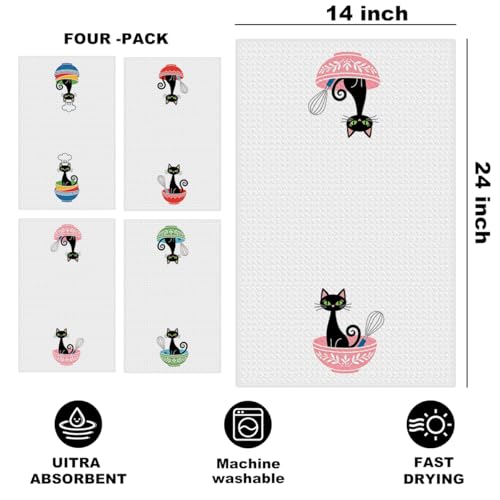 Image of 4 Pcs Cute Cat Kitchen Towels 24x14 Inch, Cats Gifts Reusable Dish Towels for Kitchen Bathroom Home Decor, Waffle Weave Absorbent Hand Cloth Tea Towel, Cat Lover Gifts for Women Mom Friend
