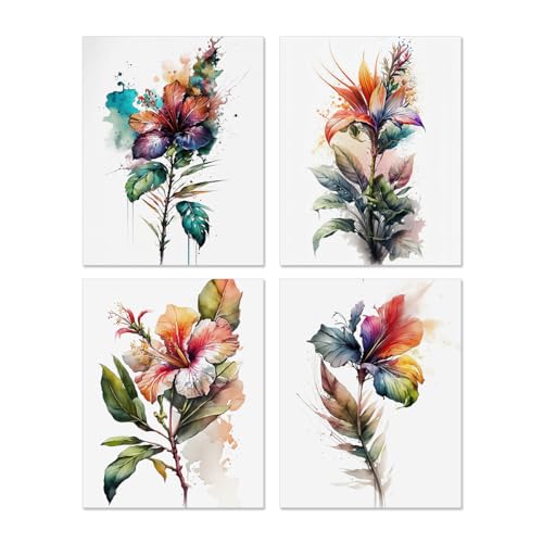 QPOKLAF Colorful Wildflower Wall Art Canvas Prints Barthroom Wall Decor,Watercolor Floral Art Flowers Poster Set of 4 (8x10inch,Unframed).