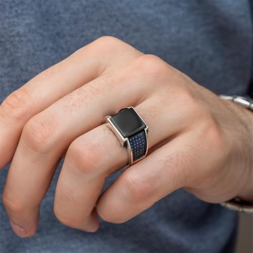 925 Sterling Silver Square Stone Men’s Ring – Handmade Statement Band with Side Accents Detailing3