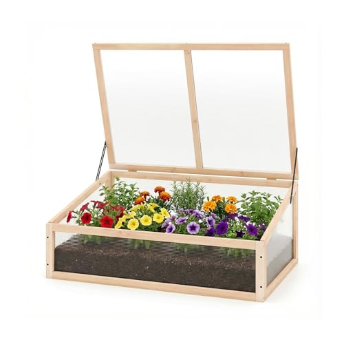 COSTWAY Serra in Legno, Mini Serra con Tetto Trasparente Apribile, Letto Rialzato da Interno ed Esterno per Balcone, Giardino e Veranda (Naturale)