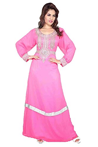 Kaftans Femme Rose Kkpf17139 Robe Traditionnelle Arabe en Tissu Fluide