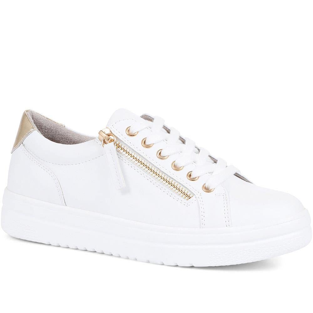 Ladies Supportive Lace-Up Fashion Trainers with Chunky Platform Sole and Faux Leather - Side Zip Casual Flat Shoes