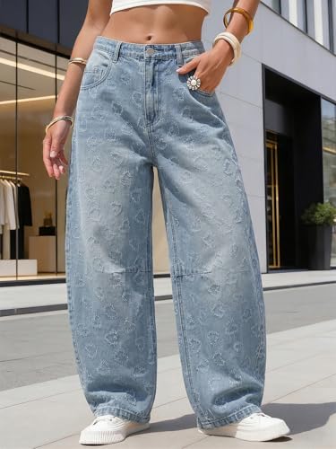 Image of EXLURA Womens Barrel Jeans Wide Leg Y2K Boyfriend Denim Pants Hip Hop Vintage Baggy Jeans Cotton Mid-Low Elastic Waist Pants