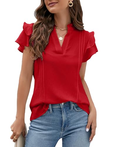 Blooming Jelly Womens Dressy Casual Tops Ruffle Short Sleeve V Neck Shirts Elegant Business Work Blouse