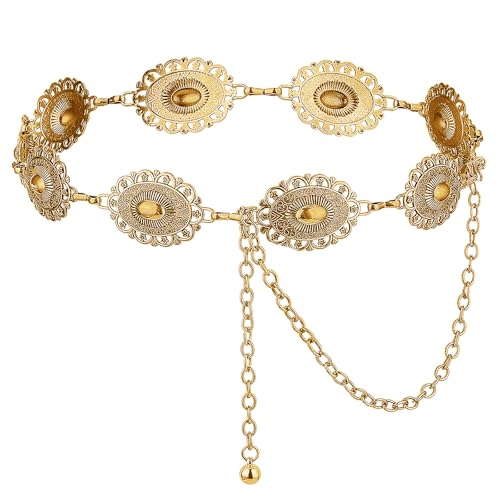 SEDEX Goldener Gürtel, Westernkette, Gürtel für Damen, Metall-Koncho-Gürtel, Cowgirl-Mode, Boho-Taillenkette, Y2K für Jeans, Kleider, Hosen, verstellbar, Vintage-Stil, Country-Konzert-Zubehör, A-Gold
