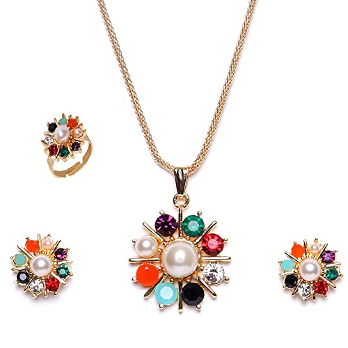 Estele Navratan Gold Plated Pendant Necklace Set with Earrings, Ring, Chain for Women, One Size (50500042-IG GP NKER) (B098DFLMVB) Amazon Price History, Amazon Price Tracker