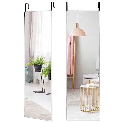 Multigot Full Length Door Mirror, Wall-Mounted Dressing Mirror with 2 Door Hooks, Long Hanging Mirror for Bedroom Living Room Entryway(Silvery)