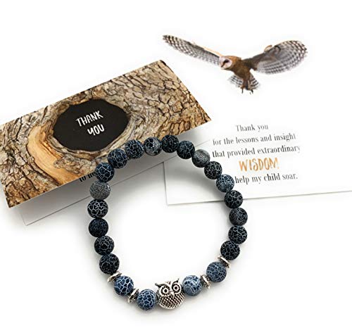 Smiling Wisdom - Owl Thank You - Teacher Appreciation Mini Card And Stretch Bracelet Gift Set - Woman From Parent – Blue Effloresce Agate #TOP7