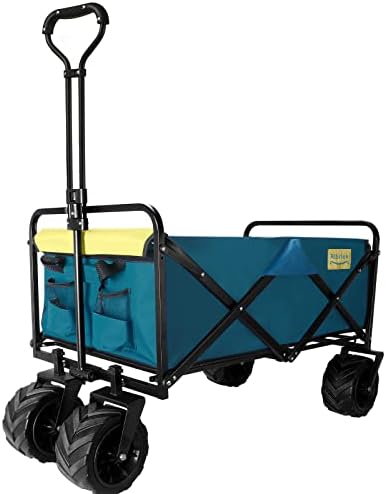 Ribitek Beach Wagon Cart with Big Wheels for Sand, Outdoor All-Terrain Folding Wagon, Collapsible Wagon with Adjustable Handle for Camping, Sports, Shopping