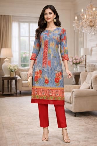 Image of Women's Cotton Blend Unstitched Kurti Set for Women | A-Line Style Dress Material | 2-Piece Traditional Ethnic Wear Suit Fabric