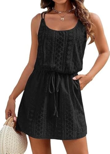 Hanaoops Vestido de Playa para Mujer Mini Vestido sin Mangas Espalda Abierta Verano Ropa de Baño Boho Bikini Cover Up Camisolas Vestido con Bolsillos Sexy Hueco Playa Traje de Baño