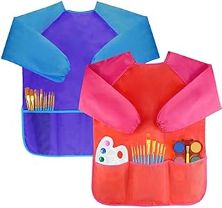 Amaza 2Pcs Kids Art Aprons, Waterproof Children's Artist Painting Smocks with Long Sleeve 3 Pockets for Age 2-8 Years (Blue & Red)