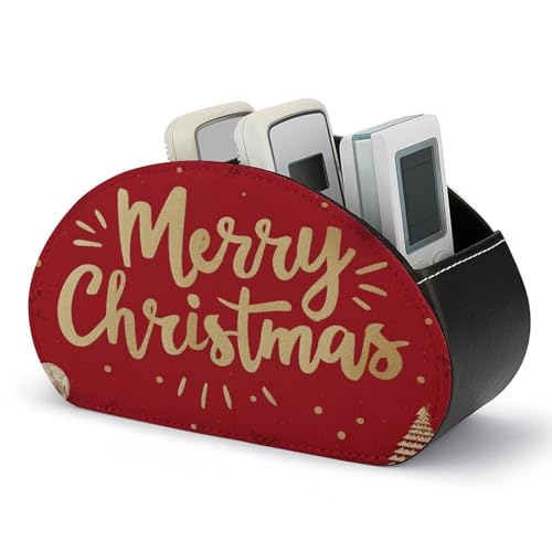 Jubonexis Merry Christmas - Soporte para control remoto de TV con 5 compartimentos de piel con letras en lámina dorada en papel de aluminio dorado, organizador de escritorio