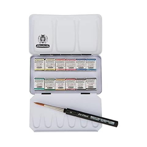 Schmincke - HORADAM AQUARELL kompakter Farbkasten mit 12 feinsten Aquarellfarben, 1 daVinci Pinsel, 74 012 097, Metallkasten, Malset, feinste Aquarellfarben, 12 x 1/2 Näpfchen Cover