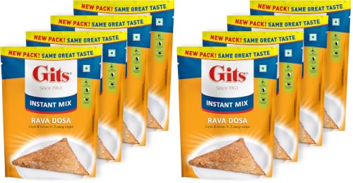 Image of Gits Instant Rava Dosa Breakfast Mix, Makes 8 per Pack, Pure Veg, South Indian Recipe, 800g (Pack of 8, 200g Each)